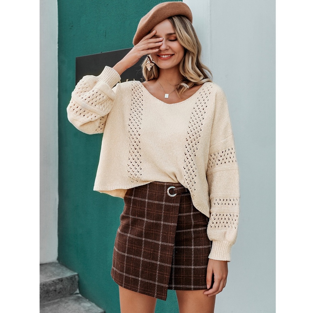 Hollow Out Beige Oversized Sweater - Picture 12 of 16